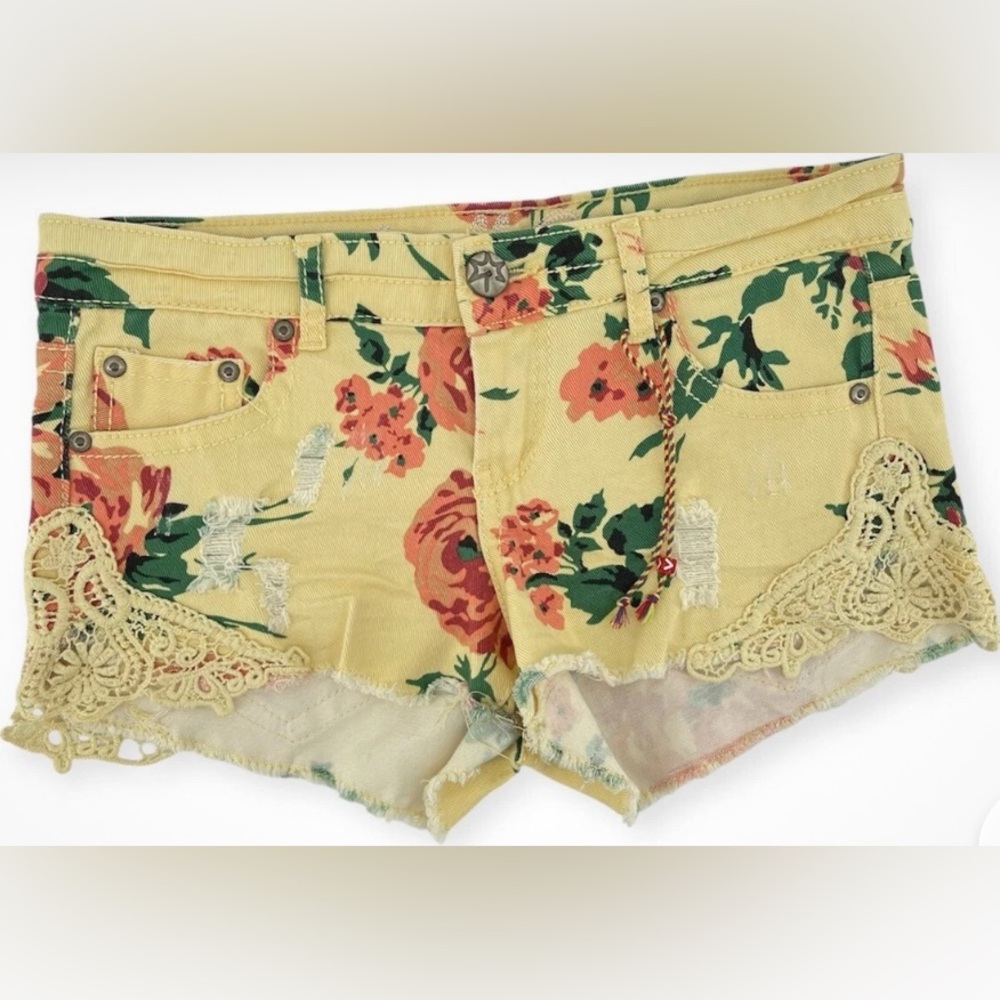 Vanilla Star Denim Cut Off Shorts Rose Print Low Rise Multicolour